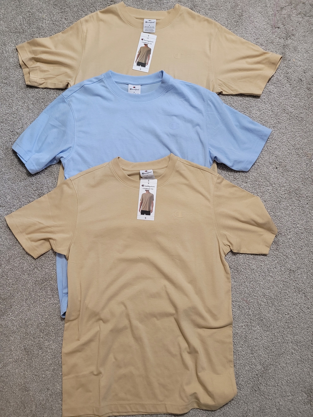 Champion Short Sleeve Crewneck T-Shirts — Beige & Light Blue